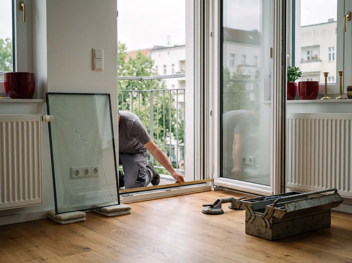 Neubauwohnung: Glaser misst an der Balkontür den Glasfalz für eine neue Isolierglasscheibe aus