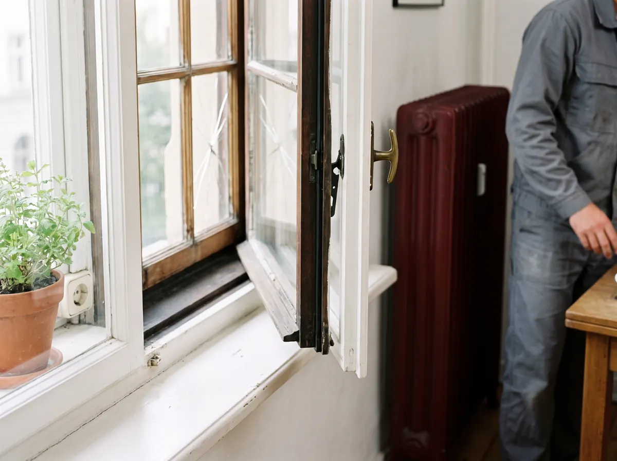 Geöffnetes Kastendoppelfenster im Altbau: Innenflügel aufgeklappt, dahinter der Außenflügel mit gesprungener Scheibe