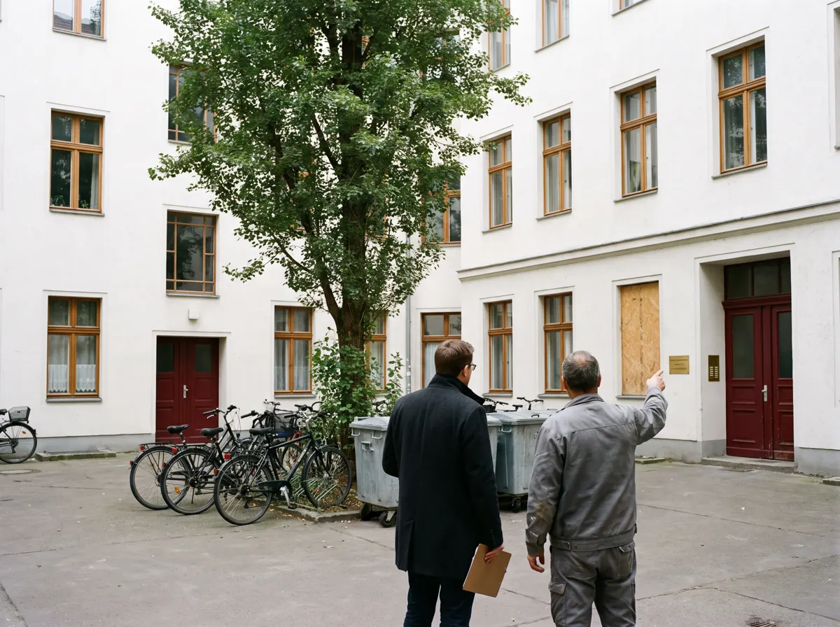 Hinterhof eines Berliner Mietshauses: Hausverwaltung und Glaser besprechen ein provisorisch verschlossenes Fenster