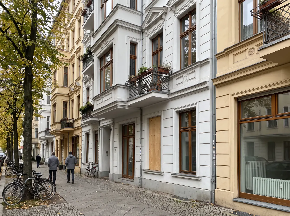Gründerzeitfassaden in einer Berliner Straße; ein Fenster im Erdgeschoss ist provisorisch mit einer Platte verschlossen