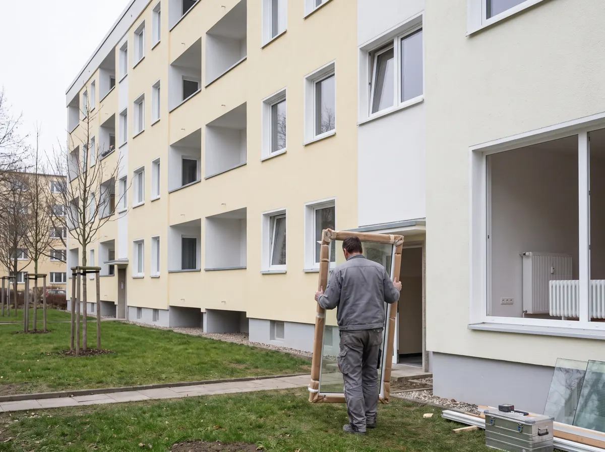 Sanierter Plattenbau in einer Berliner Großsiedlung; ein Glaser trägt eine neue Scheibe zum Hauseingang